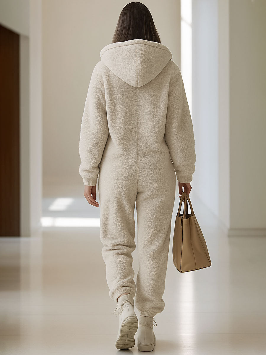 Casual Loose Vintage Polar Fleece Pocket Zipper Hooded Jumpsuit