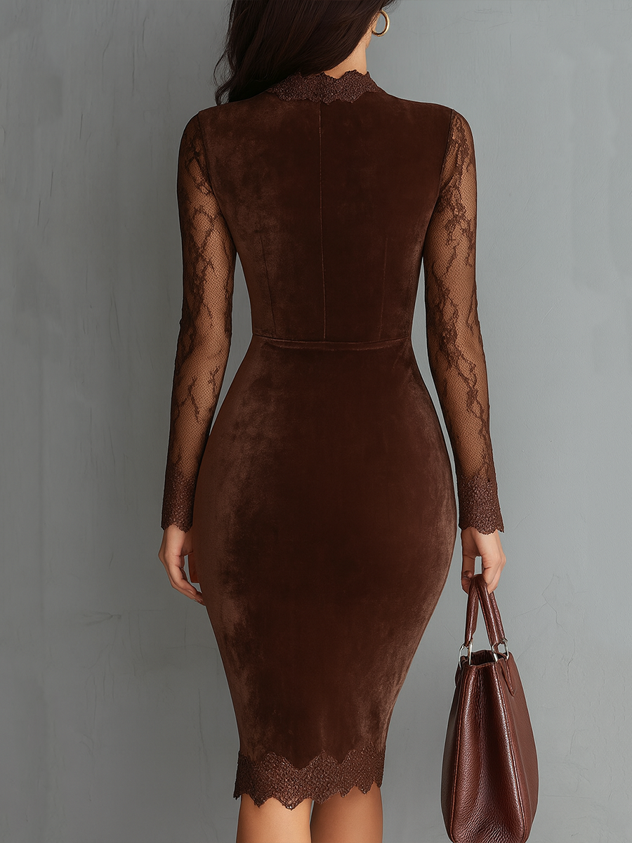 Velvet Mini Dress with Lace Sleeves - Cocktail Party Dress