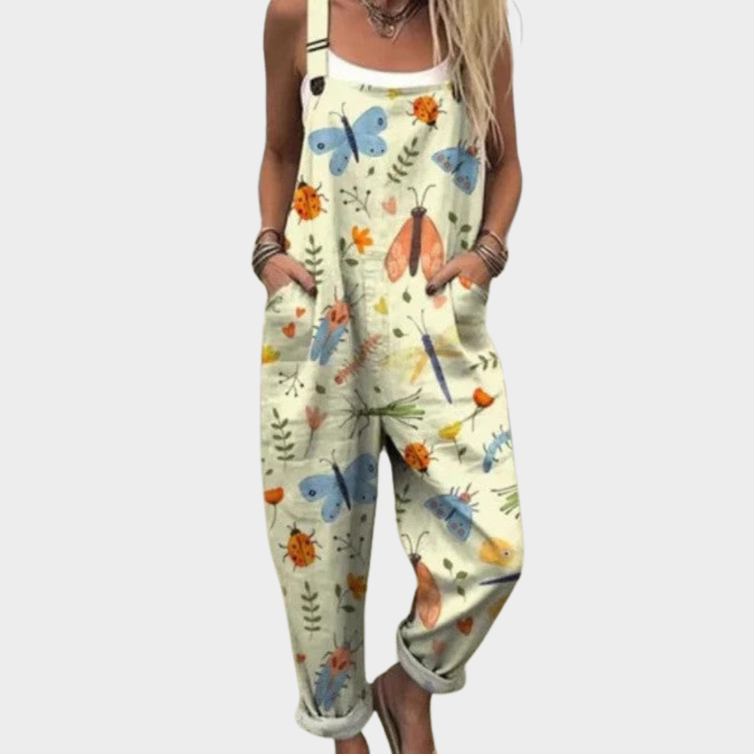 Linen Blend Jumpsuit for Women - Relaxed Fit Printed Summer One Piece