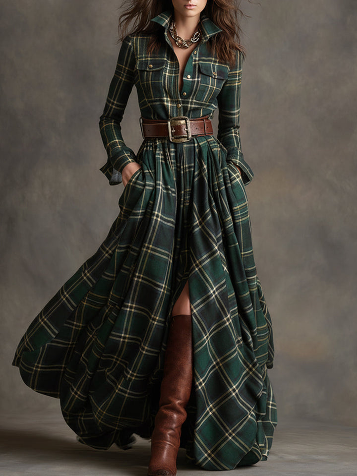 Giulietta - Vestido camisa maxi a cuadros con cinturón