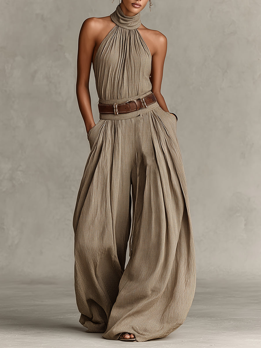 Mono de pierna ancha bohemio taupe con cuello halter (sin cinturón)
