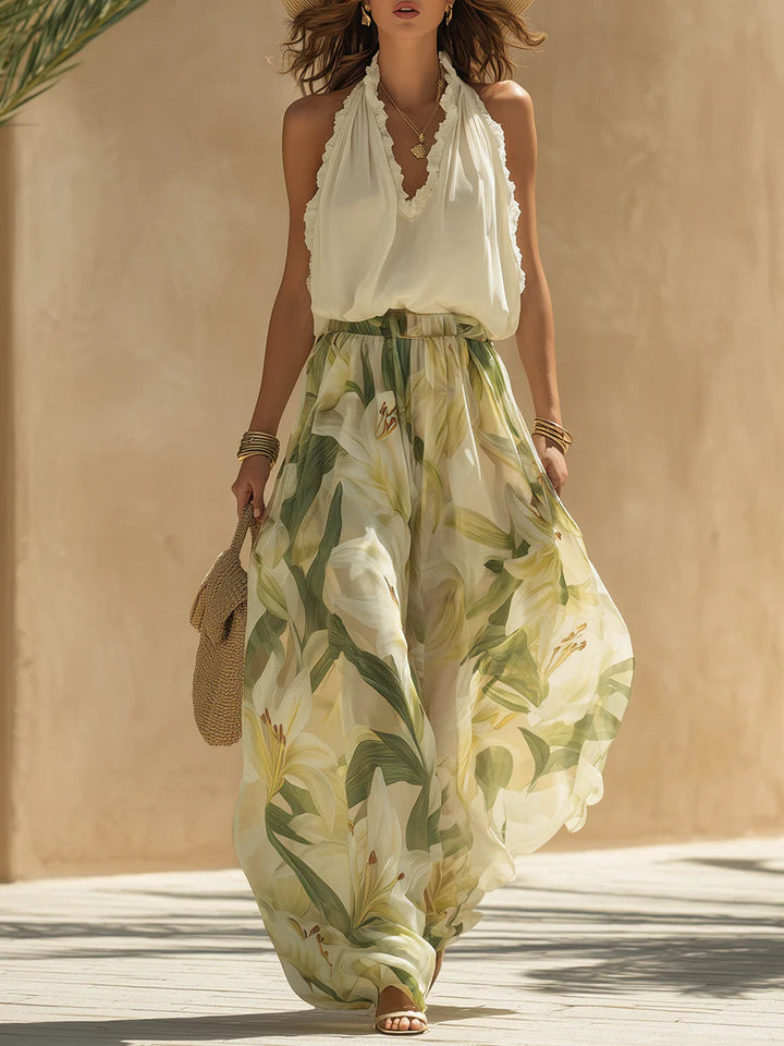 Alessandra – Chiffon-Ärmelloses Top mit Rüschen und Lilium-Print-Hose