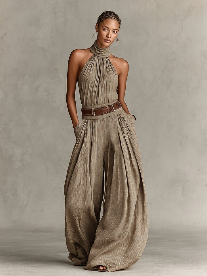 Mono de pierna ancha bohemio taupe con cuello halter (sin cinturón)