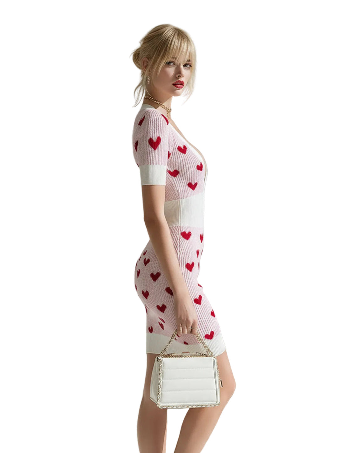 Vestito Mini Bodycon in Maglia a Costine, Elegante e Chic, Bianco Crema con Cuore Jacquard, Scollo a V Profondo, Maniche Corte e Vestibilità Slim