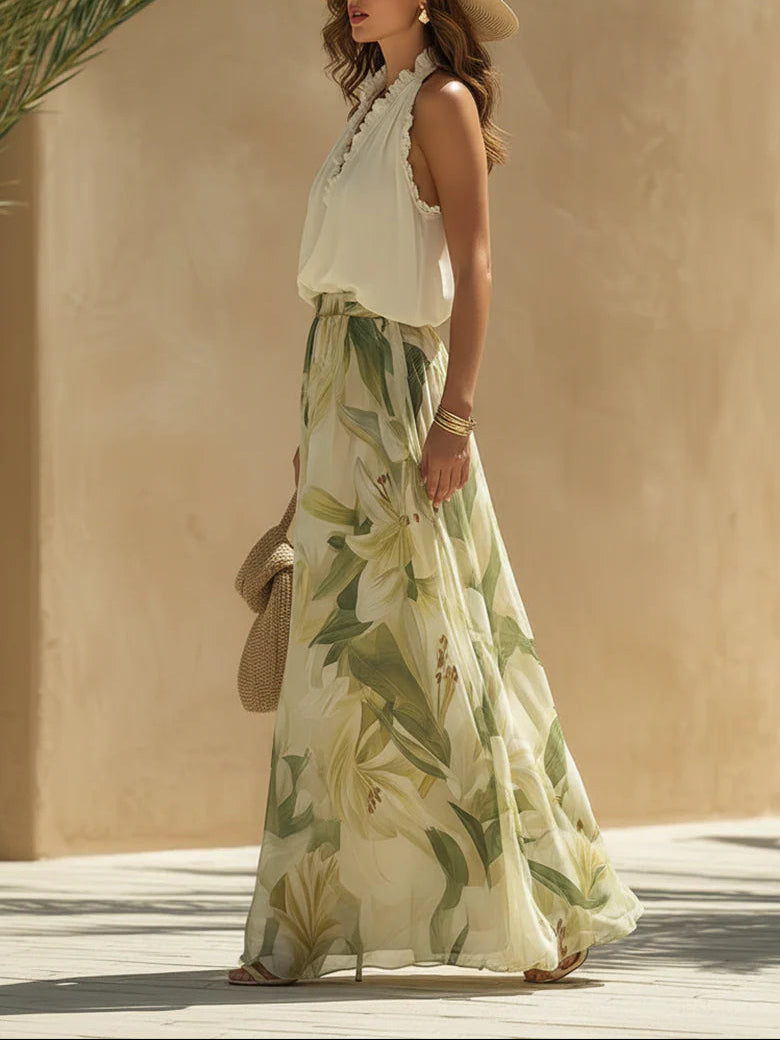 Alessandra – Chiffon-Ärmelloses Top mit Rüschen und Lilium-Print-Hose