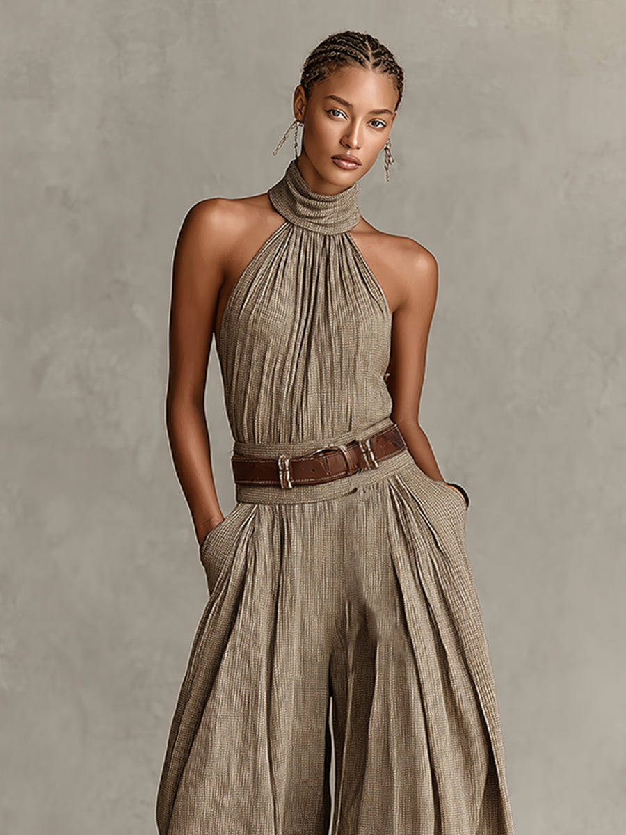 Mono de pierna ancha bohemio taupe con cuello halter (sin cinturón)