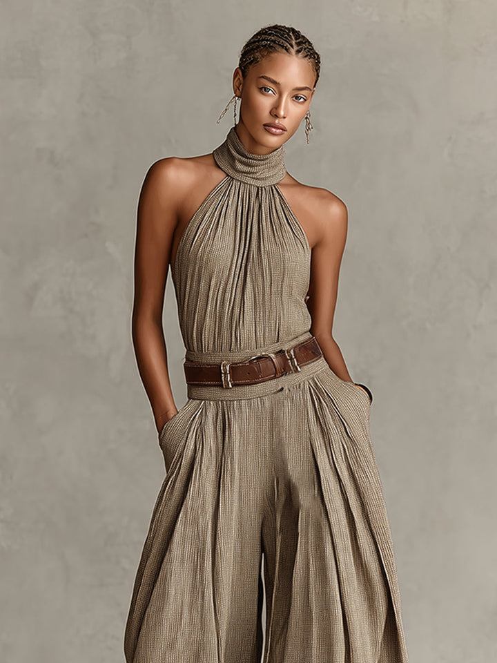 Mono de pierna ancha bohemio taupe con cuello halter (sin cinturón)