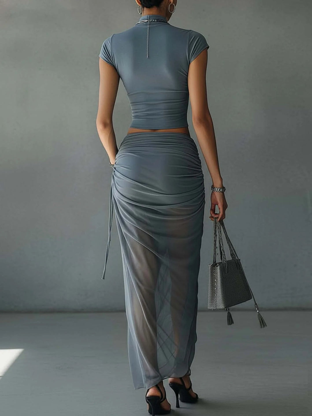 Two Piece Maxi Skirt Set - Cropped Top with Pleated Mesh Skirt