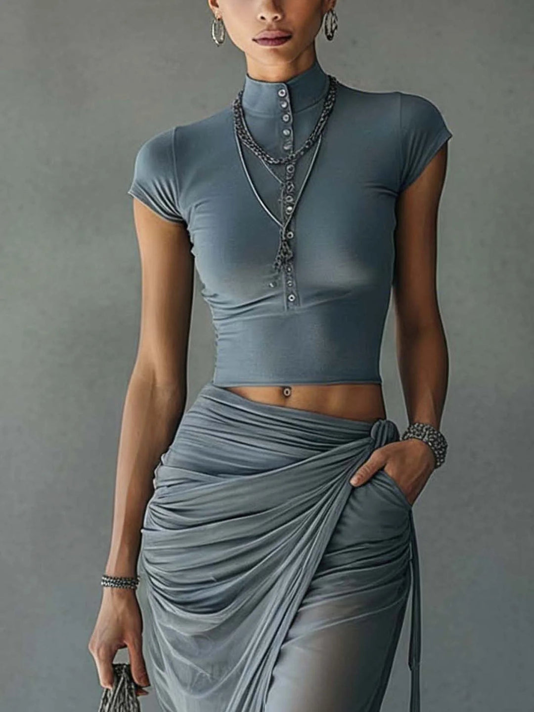 Two Piece Maxi Skirt Set - Cropped Top with Pleated Mesh Skirt