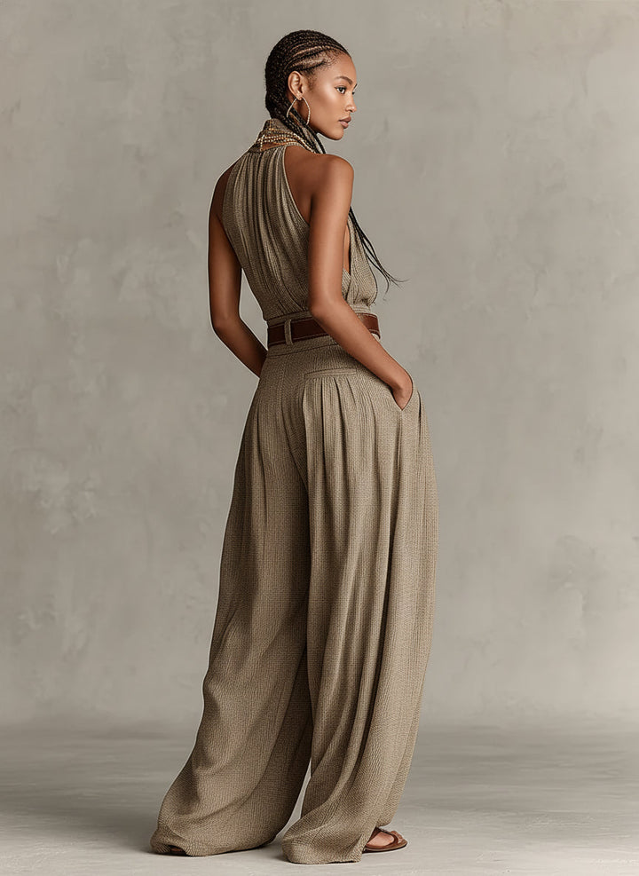 Mono de pierna ancha bohemio taupe con cuello halter (sin cinturón)