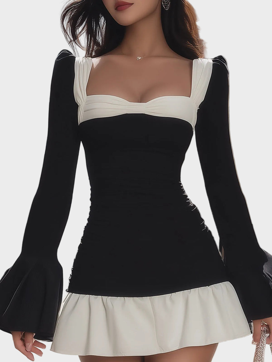 Vestido negro ajustado con volantes, escote cuadrado y bloques de color blanco y negro
