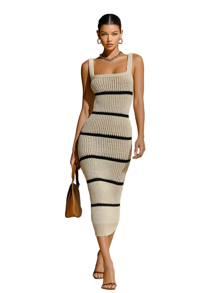 Vestito midi elegante chic beige a righe, senza maniche, aderente, in maglia a coste con spalline