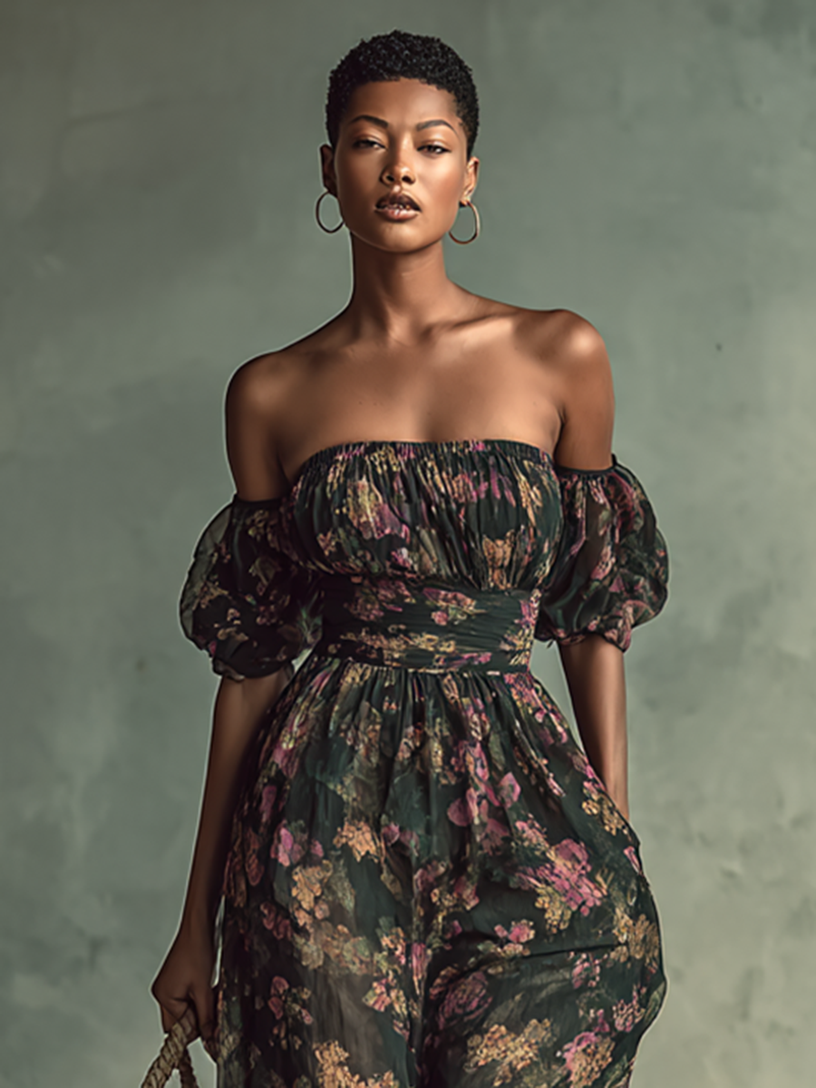 Mono corto de cintura con estampado floral de gasa para mujer, estilo bandeau y manga corta