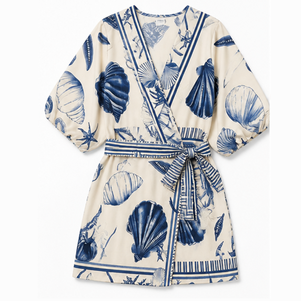 Women's Wrap Romper Navy Shell Print Lightweight Travel Jumpsuit
