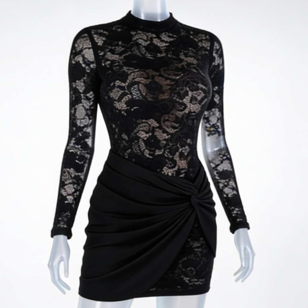 Lace Bodycon Dress Long Sleeve Wrap Detail Mini Cocktail Dress