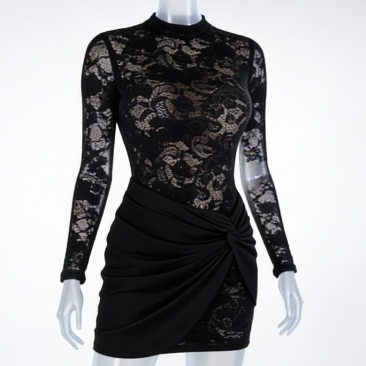 Lace Bodycon Dress Long Sleeve Wrap Detail Mini Cocktail Dress