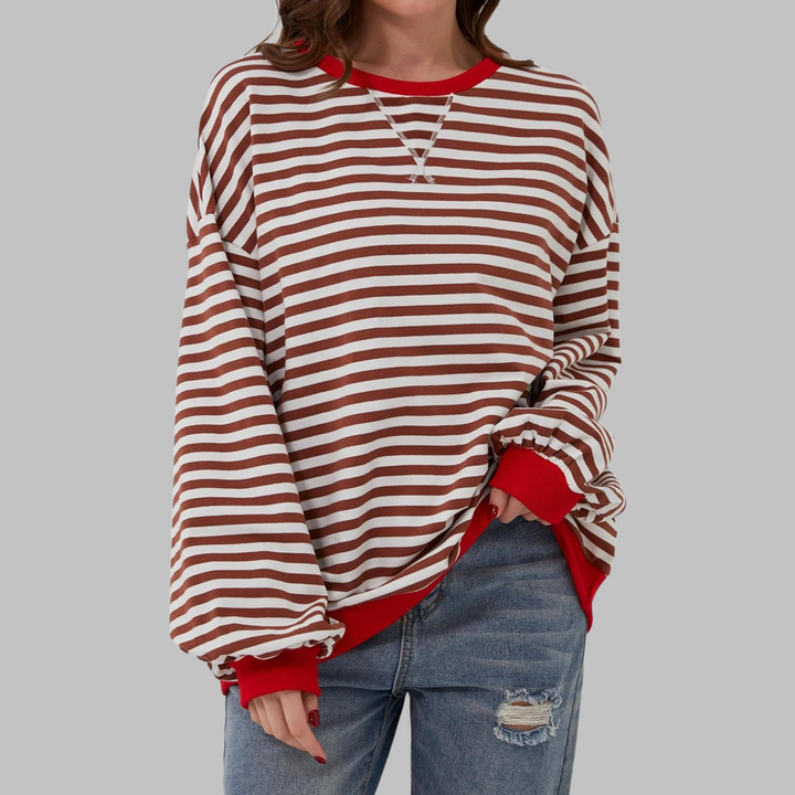 Poppy | Moletom Feminino Listrado Oversized com Gola Careca e Manga Longa