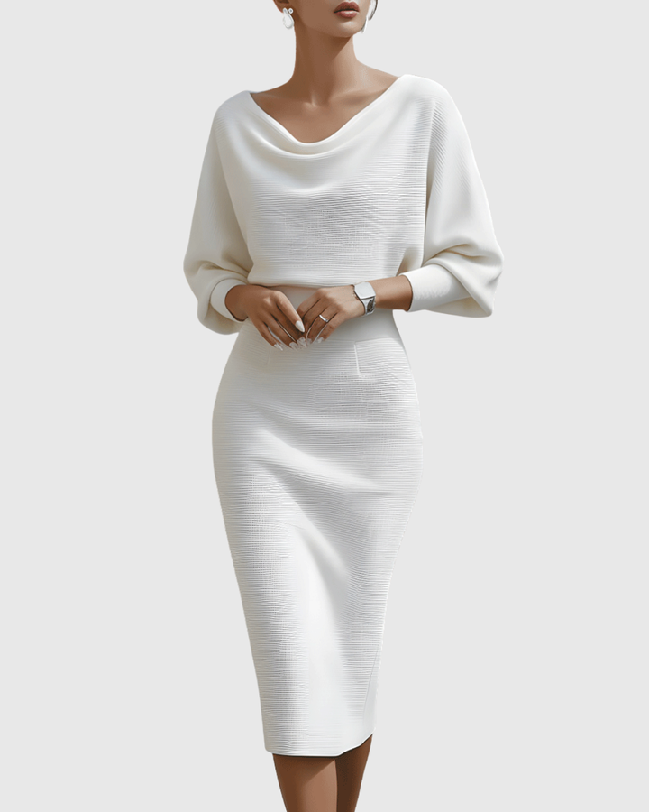 Vivienne | Vestido midi acanalado para mujer con cuello vuelto y mangas murciélago