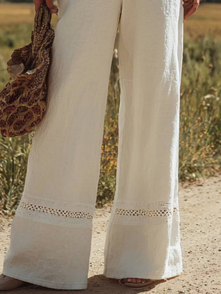 Damen Weißer Leinen Ärmelloser Latzhosen-Overall mit Spitzen-Design