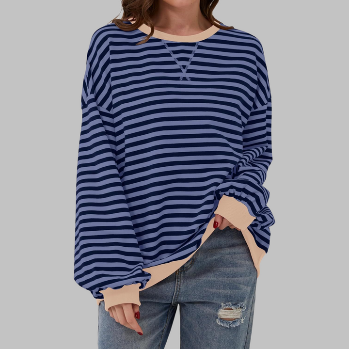 Poppy | Moletom Feminino Listrado Oversized com Gola Careca e Manga Longa