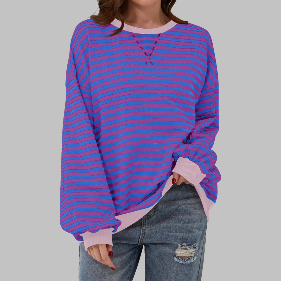 Poppy | Moletom Feminino Listrado Oversized com Gola Careca e Manga Longa