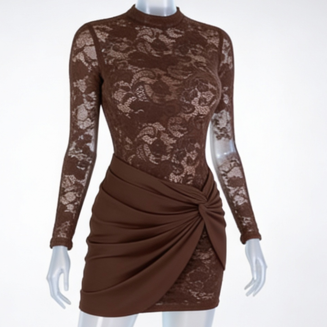 Lace Bodycon Dress Long Sleeve Wrap Detail Mini Cocktail Dress