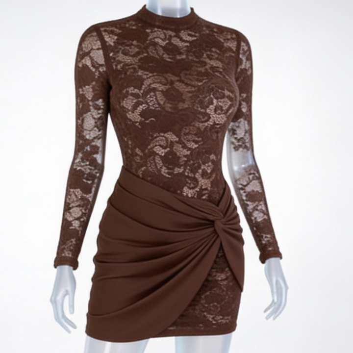 Lace Bodycon Dress Long Sleeve Wrap Detail Mini Cocktail Dress