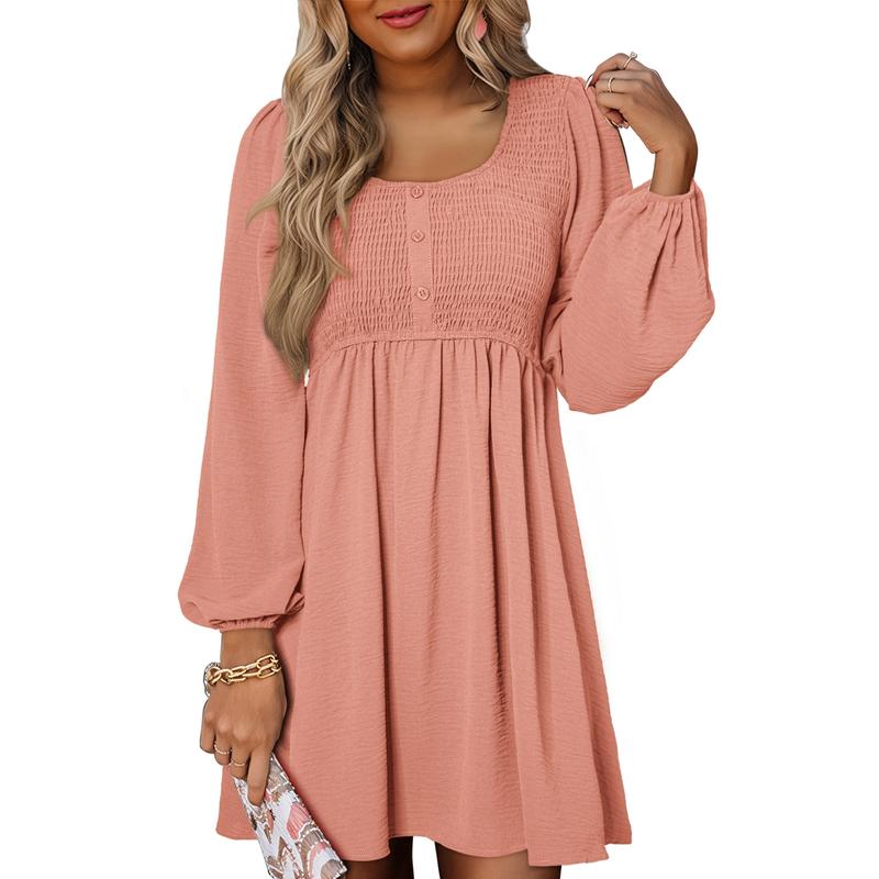 Otoño | Vestido corto de manga larga para mujer con cintura imperio fruncida