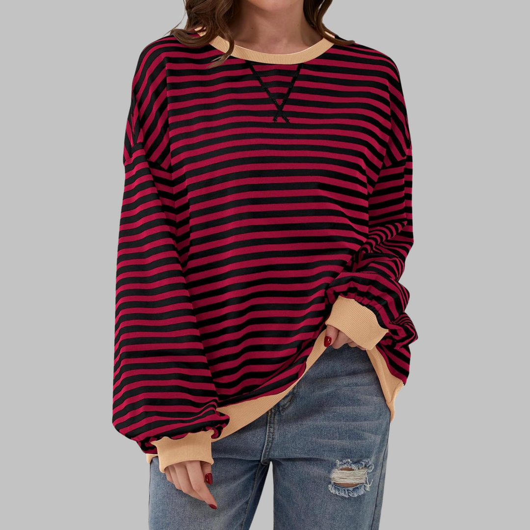 Poppy | Moletom Feminino Listrado Oversized com Gola Careca e Manga Longa