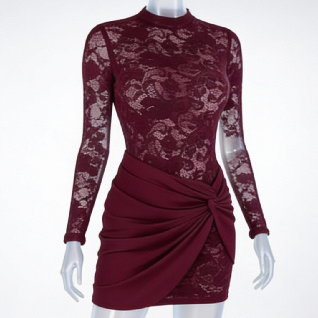 Lace Bodycon Dress Long Sleeve Wrap Detail Mini Cocktail Dress