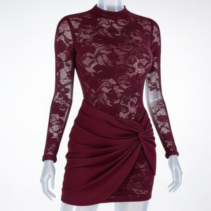 Lace Bodycon Dress Long Sleeve Wrap Detail Mini Cocktail Dress
