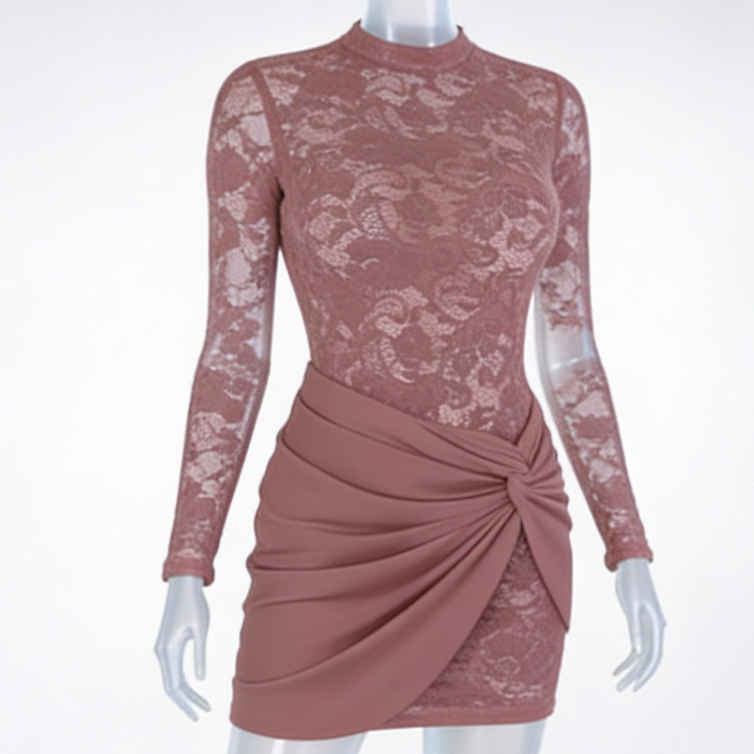 Lace Bodycon Dress Long Sleeve Wrap Detail Mini Cocktail Dress