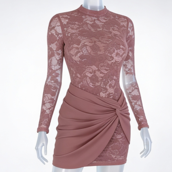 Lace Bodycon Dress Long Sleeve Wrap Detail Mini Cocktail Dress