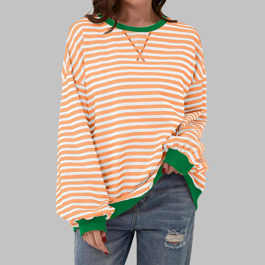 Poppy | Moletom Feminino Listrado Oversized com Gola Careca e Manga Longa