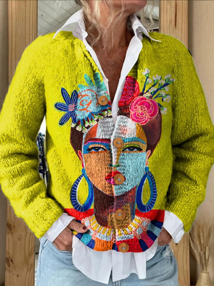 Estampado de Retrato Freda en Pintura al Óleo | Cárdigan con Botones