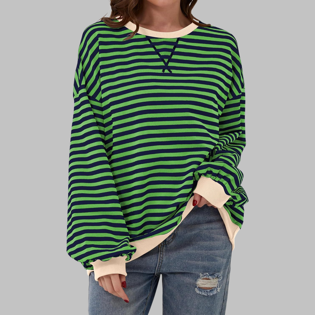 Poppy | Moletom Feminino Listrado Oversized com Gola Careca e Manga Longa