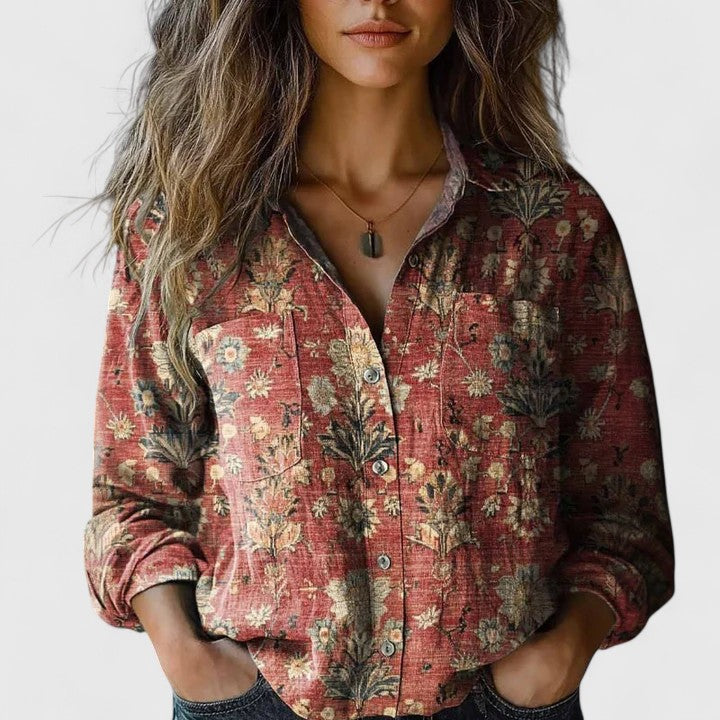 Autunno | Camicia da donna vintage a maniche lunghe con stampa floreale e bottoni
