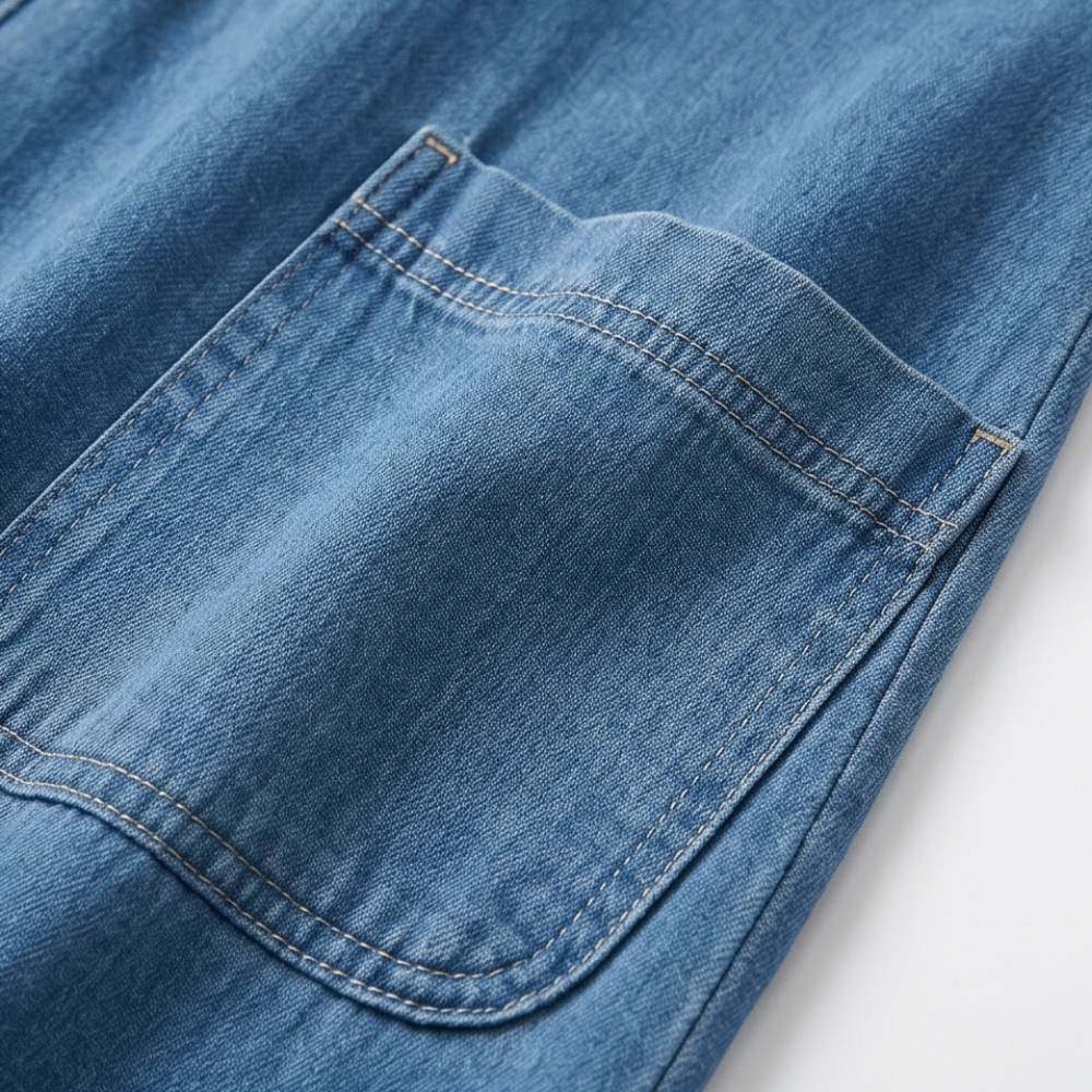Denim Maxi Dress with Tiered Ruffle Hem and Pockets