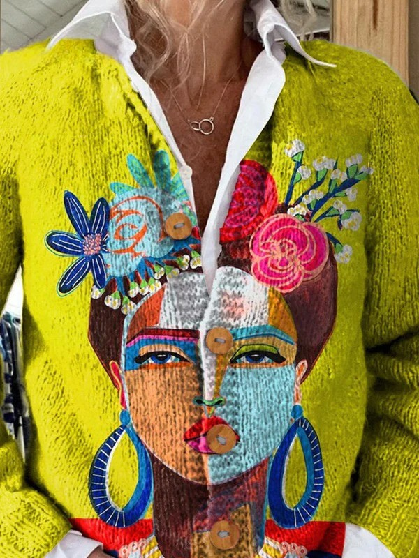Estampado de Retrato Freda en Pintura al Óleo | Cárdigan con Botones