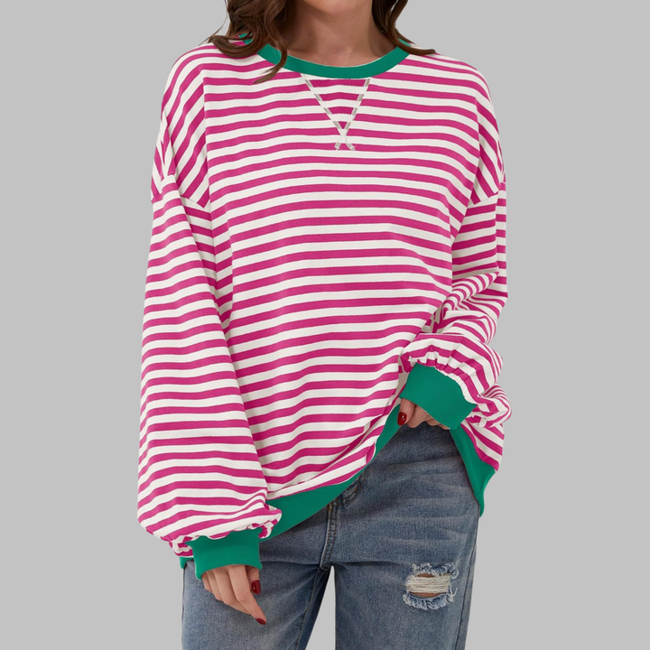 Poppy | Moletom Feminino Listrado Oversized com Gola Careca e Manga Longa