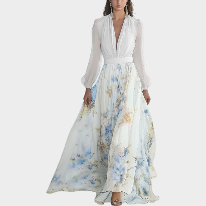 Floral Maxi Dress for Women - Elegant Chiffon V-Neck Gown