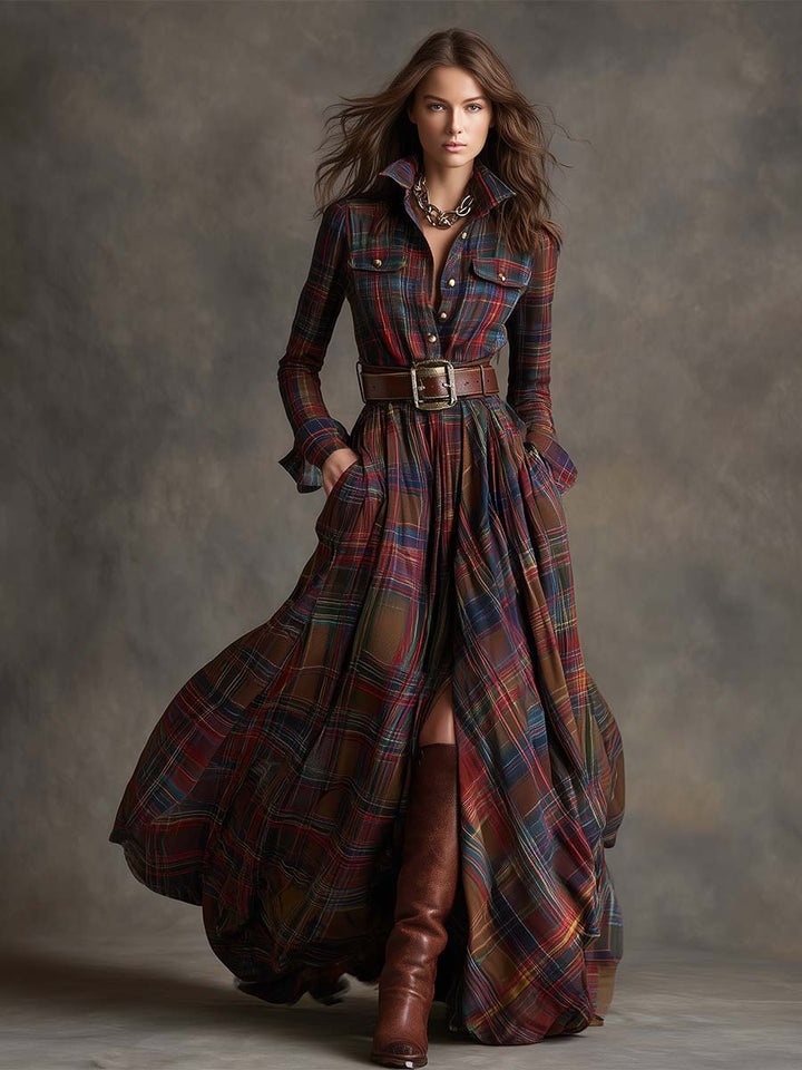Giulietta - Vestido camisa maxi a cuadros con cinturón