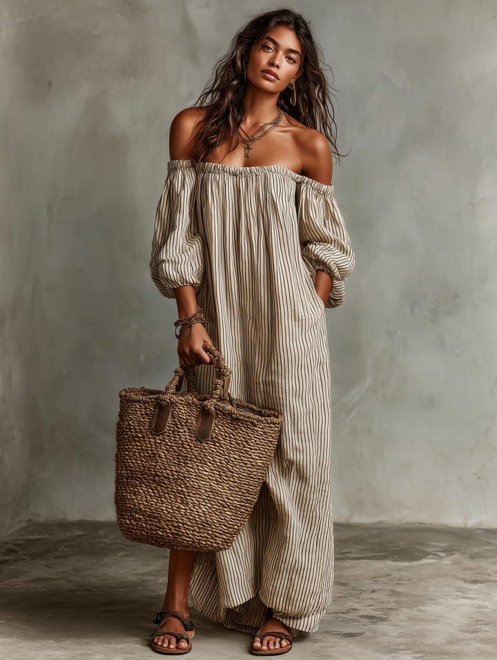 Off Shoulder Maxi Dress - Cotton Linen Summer Vacation Dress