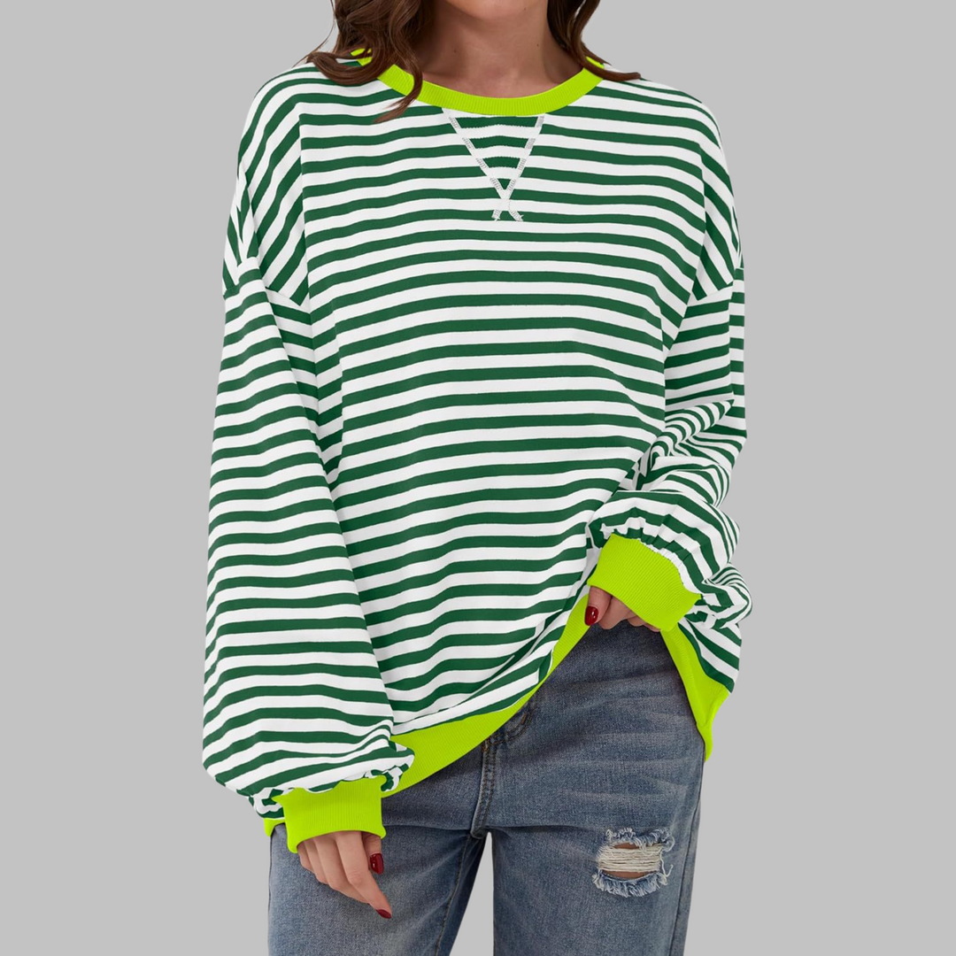 Poppy | Moletom Feminino Listrado Oversized com Gola Careca e Manga Longa