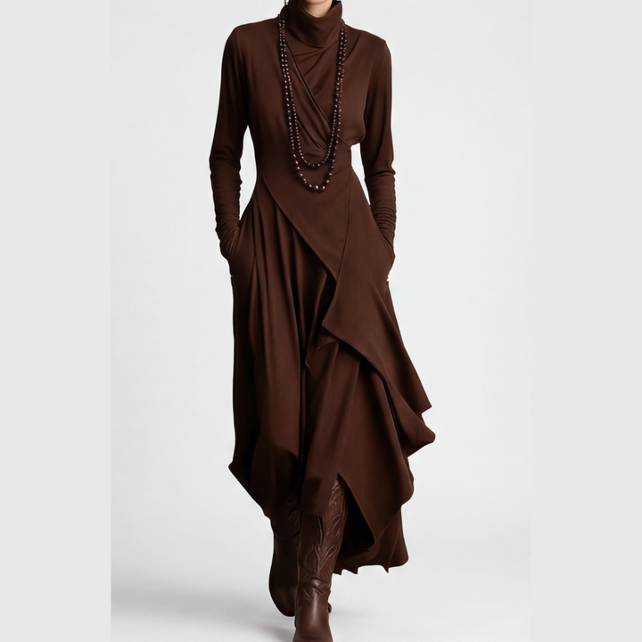 Florenne™ – Asymmetrical Draped High Neck Maxi Dress