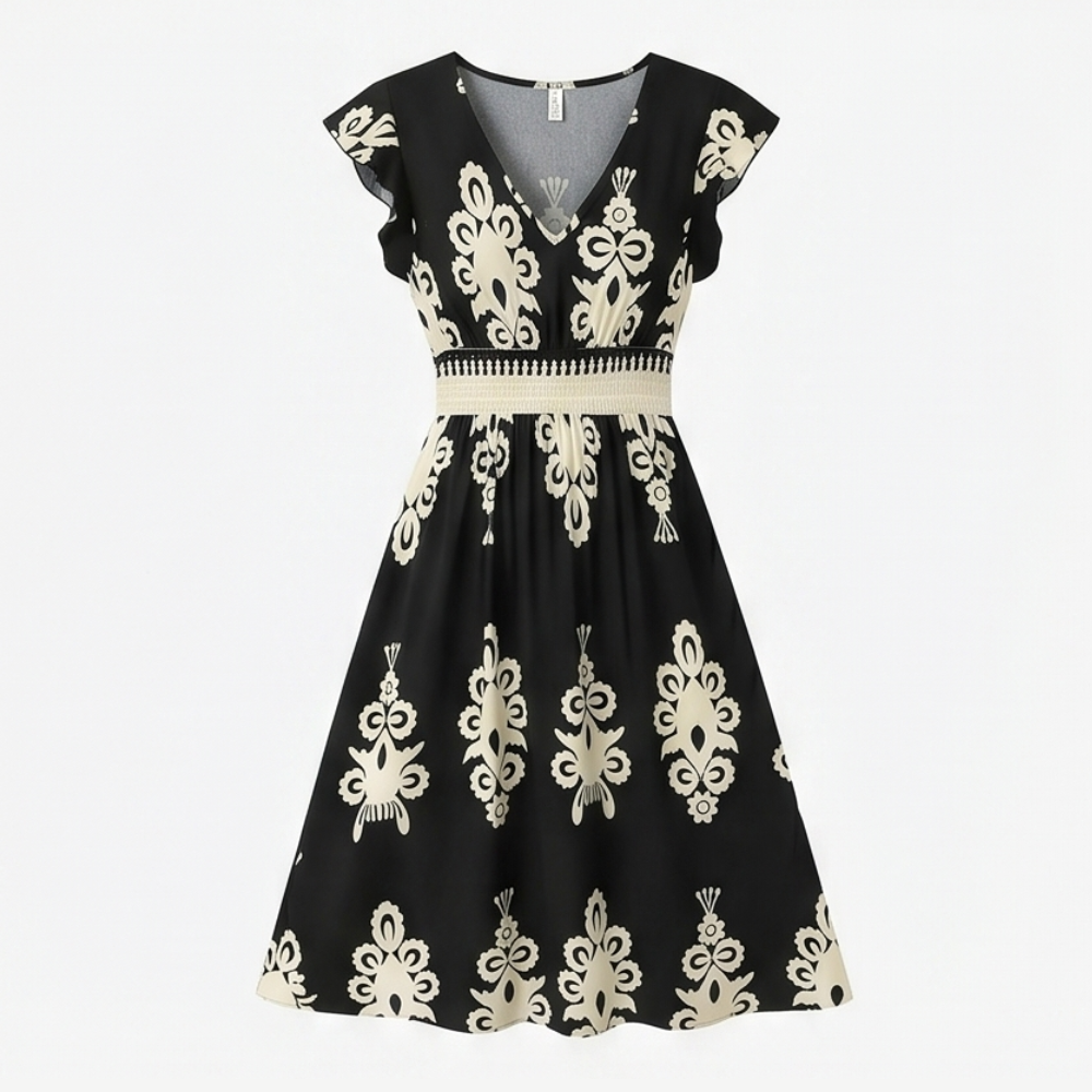 Midi Dress for Women - Damask Print V-Neck with Smocked Waist