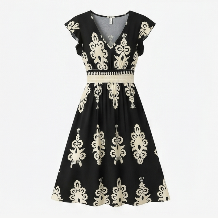 Midi Dress for Women - Damask Print V-Neck with Smocked Waist