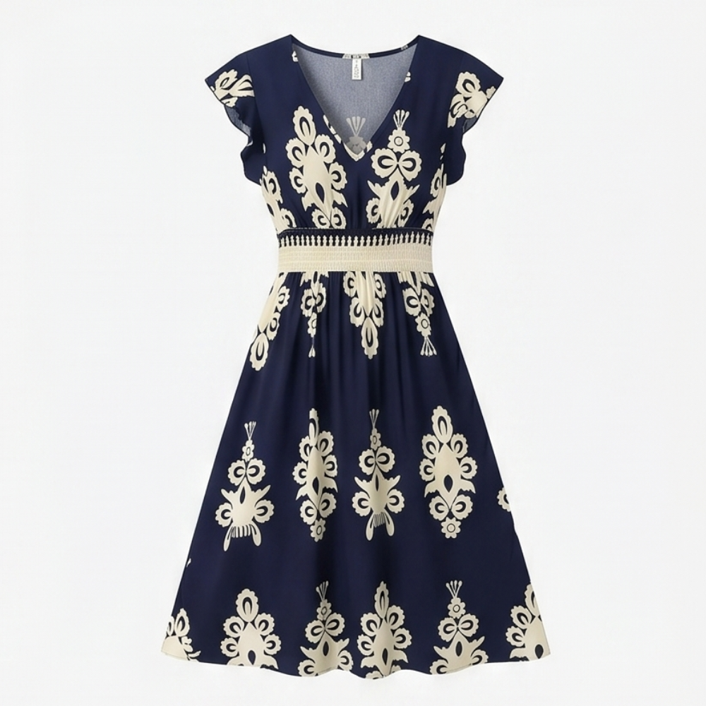 Midi Dress for Women - Damask Print V-Neck with Smocked Waist