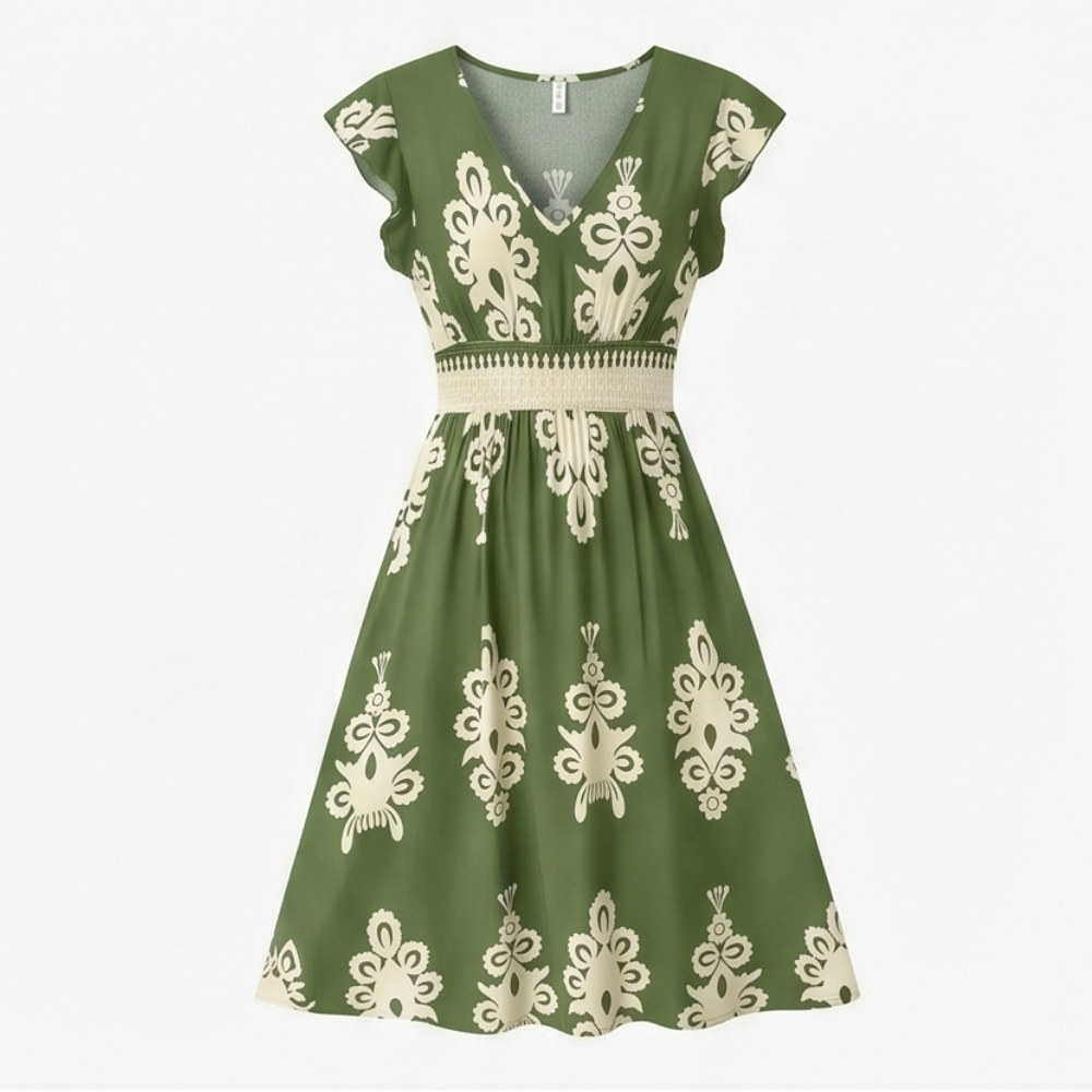 Midi Dress for Women - Damask Print V-Neck with Smocked Waist