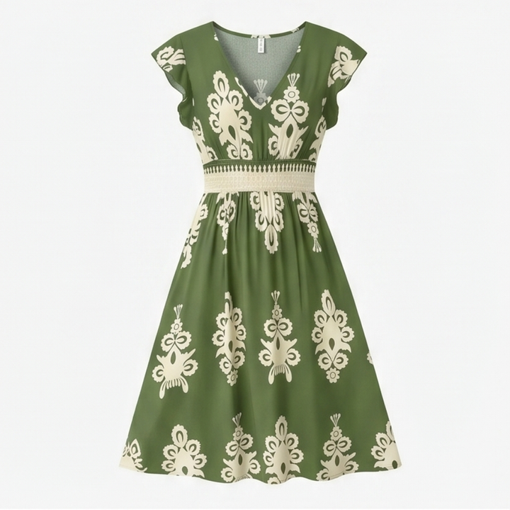 Midi Dress for Women - Damask Print V-Neck with Smocked Waist